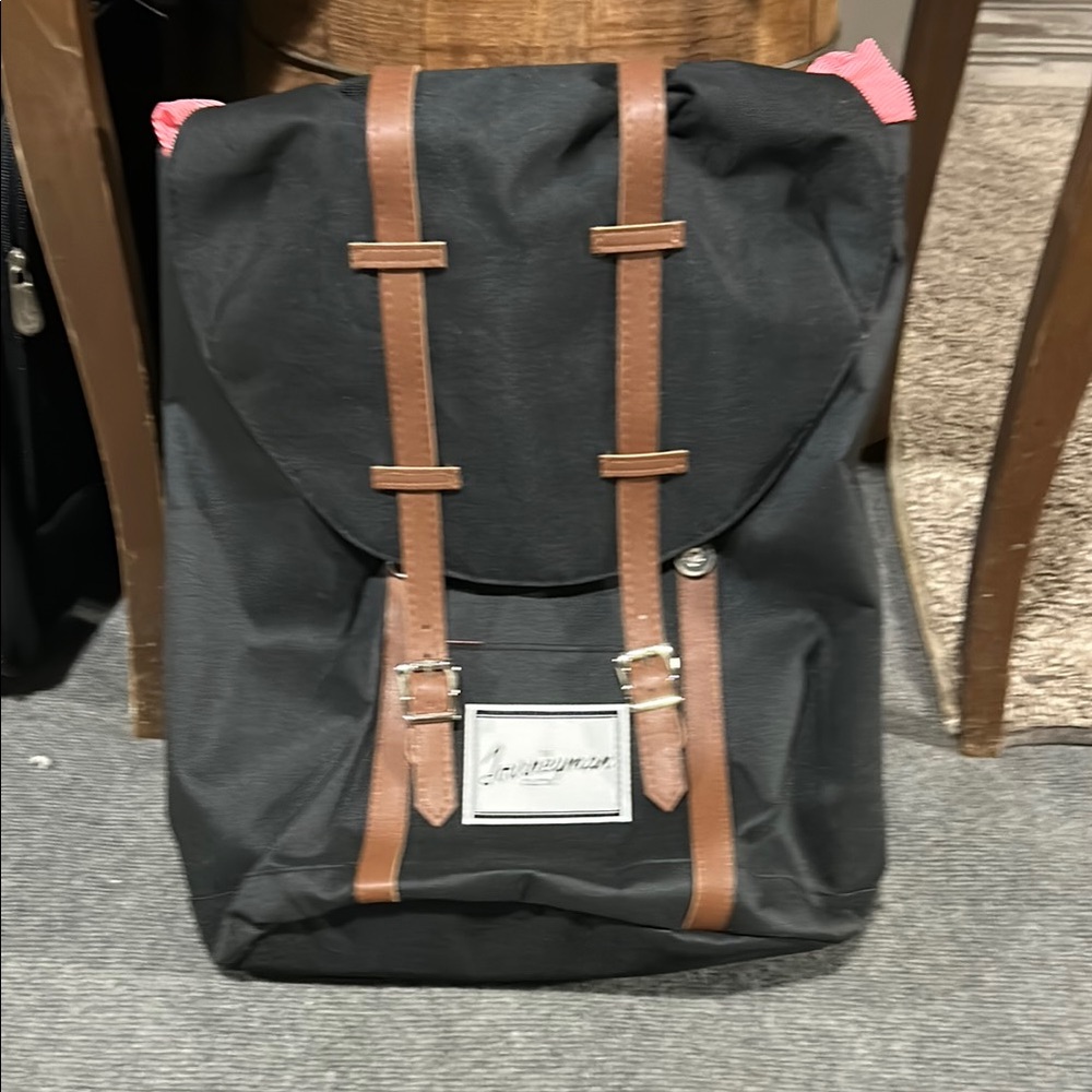 Black and Brown Classic Backpack with Leather Straps